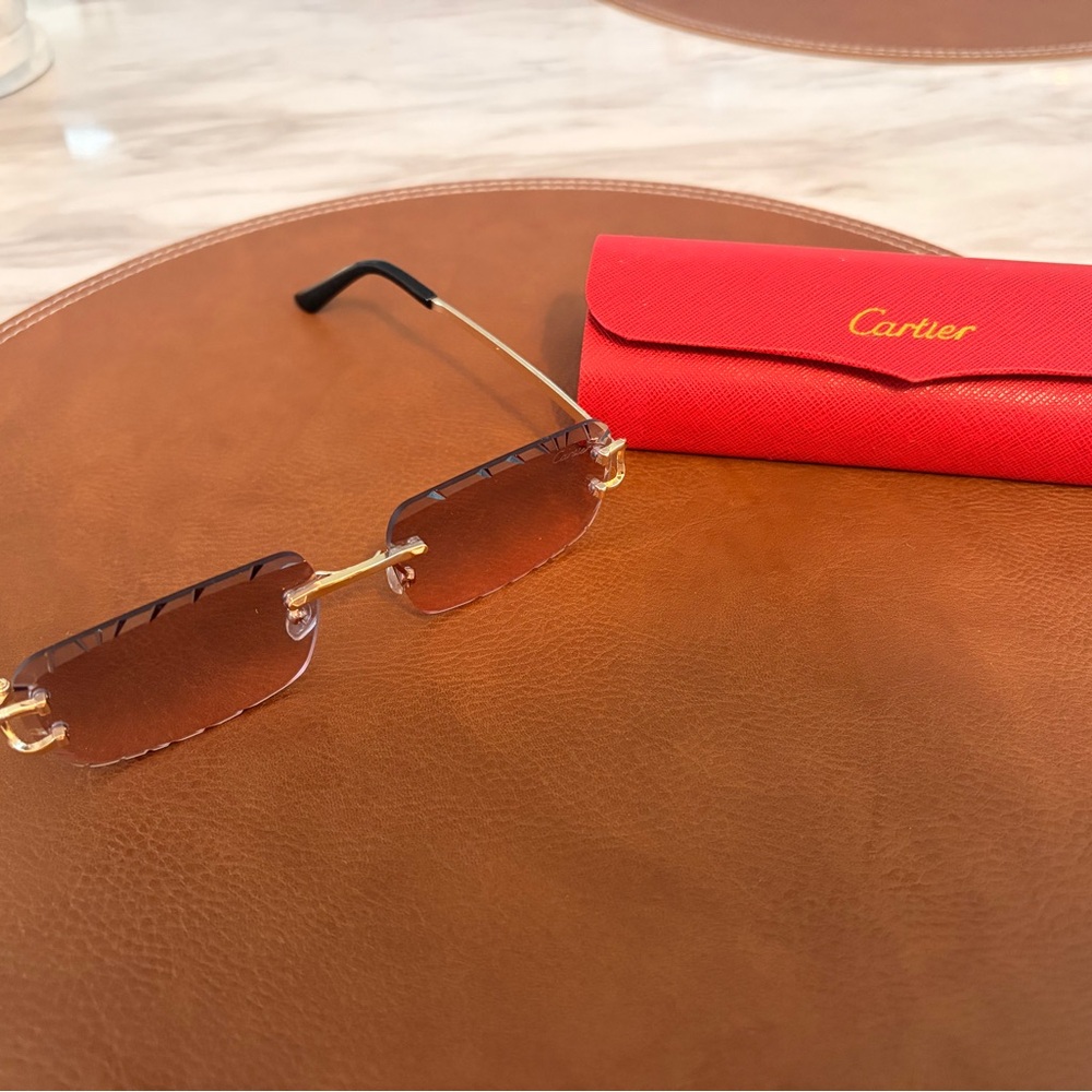 Cartier Gold Rimless Sunglasses with Red Case